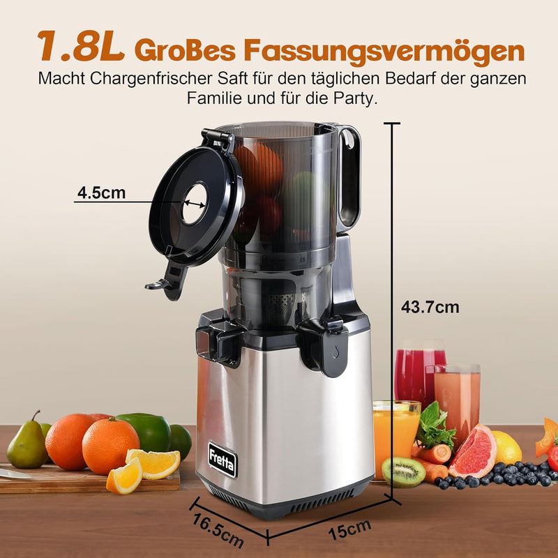 Fretta Slow Juicer Entsafter Gemüse und Obst Testsieger, 250W Edelstahl Saftpresse Elektrisch Obstpr