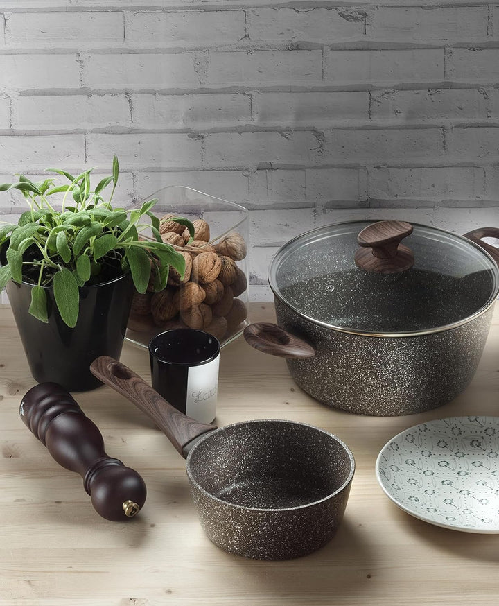 Pintinox Niedrige Kasserolle aus Aluminium, Serie Natur, Antihaftbeschichtung, Steinoptik, mit Glasd
