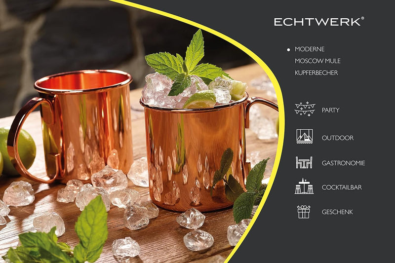 Echtwerk Kupferbecher-Set, Edelstahl-Gläser, Cocktail-Set, Cocktailgläser perfekt für Gin, Vodka, Bi