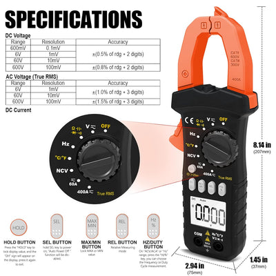 LYCEBELL Stromzange, LC-7200B TRMS Strommesszange Multimeter, Zangenmultimeter für AC DC Spannung &