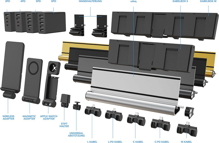 Universal Ladestation für Smartphones Tablets und AirPods, udoq 400, Aluminium, Gold, mit Power Deli