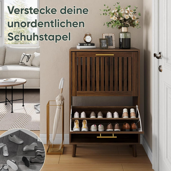 Schuhschrank Bauernhausstil, schmaler freistehender Schuh-Organizer mit 2 klappbaren Latten-Schublad