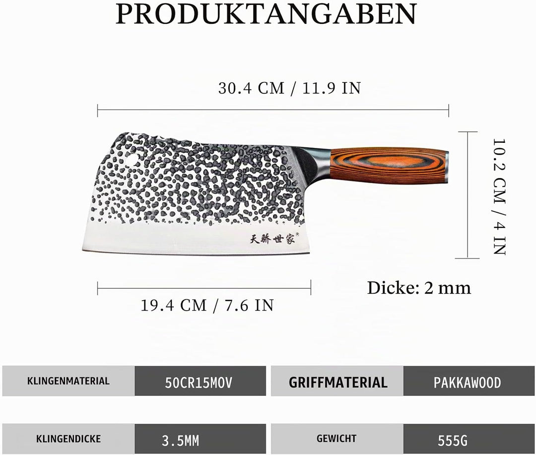 TJ POP Hackmesser Chinesisches Kochmesser Professionelles 19.4cm, Scharfer Full-Tang Fleischerbeil,