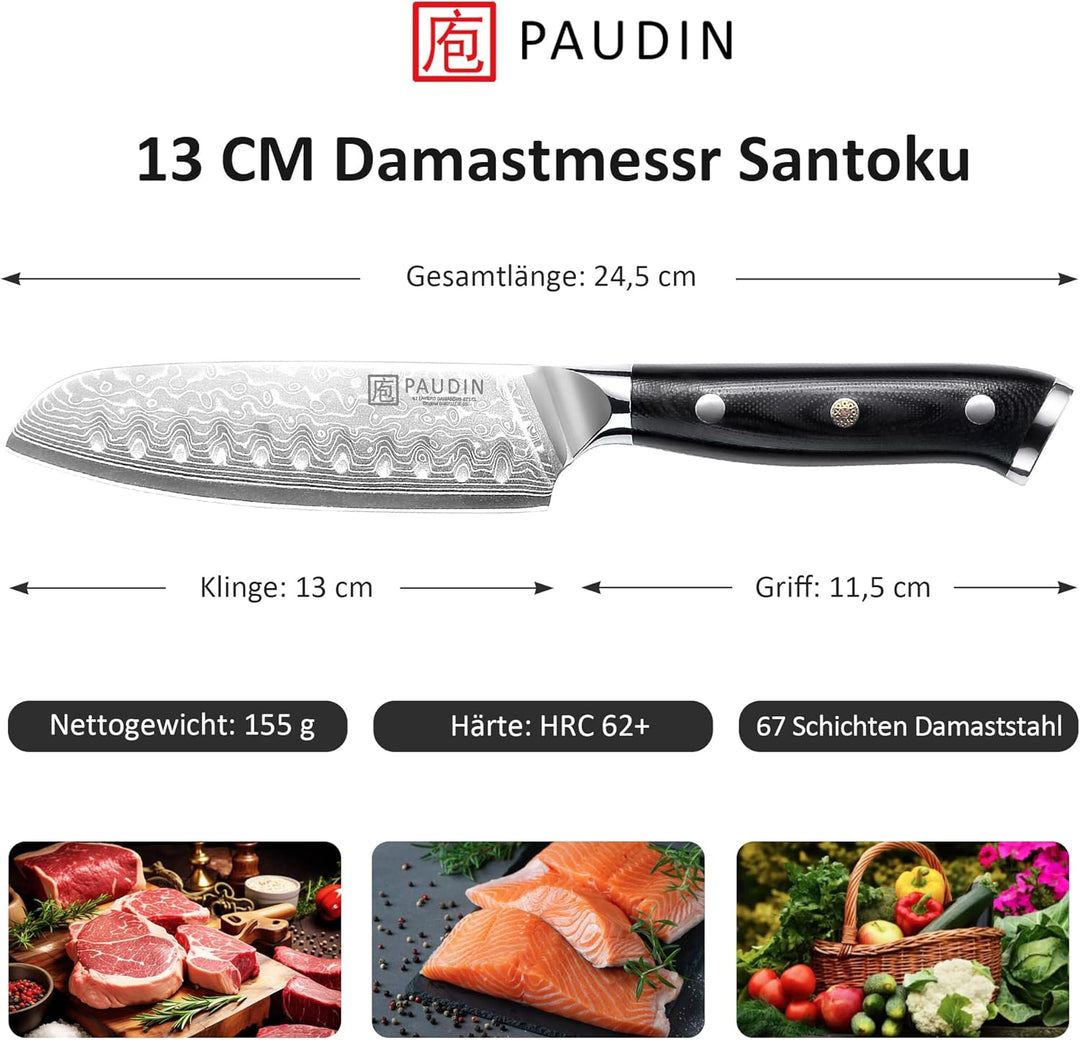 PAUDIN Damastmesser santoku messer 13 CM, Profi Damast Küchenmesser für Küche, Extrem Scharf Kohcmes