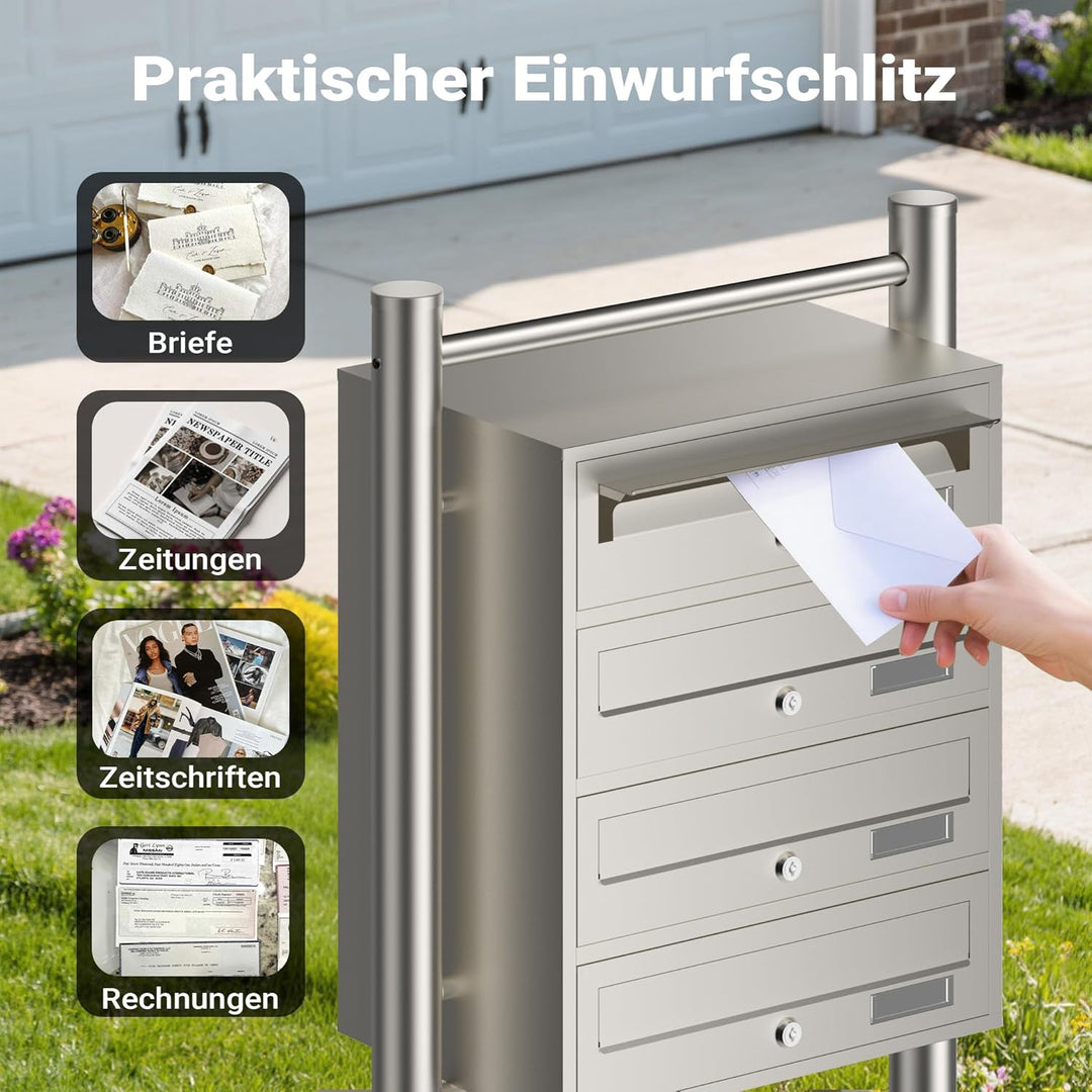 Wiltec 4er Briefkastenanlage Edelstahl 556 x 270 x 1500 mm, Standbriefkasten mit 4 Fächern, Schlüsse