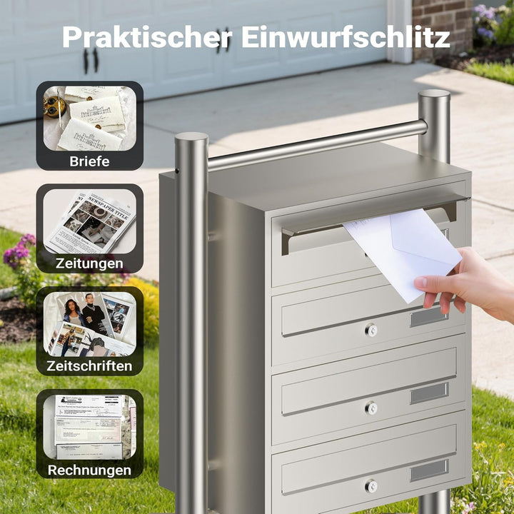 Wiltec 4er Briefkastenanlage Edelstahl 556 x 270 x 1500 mm, Standbriefkasten mit 4 Fächern, Schlüsse