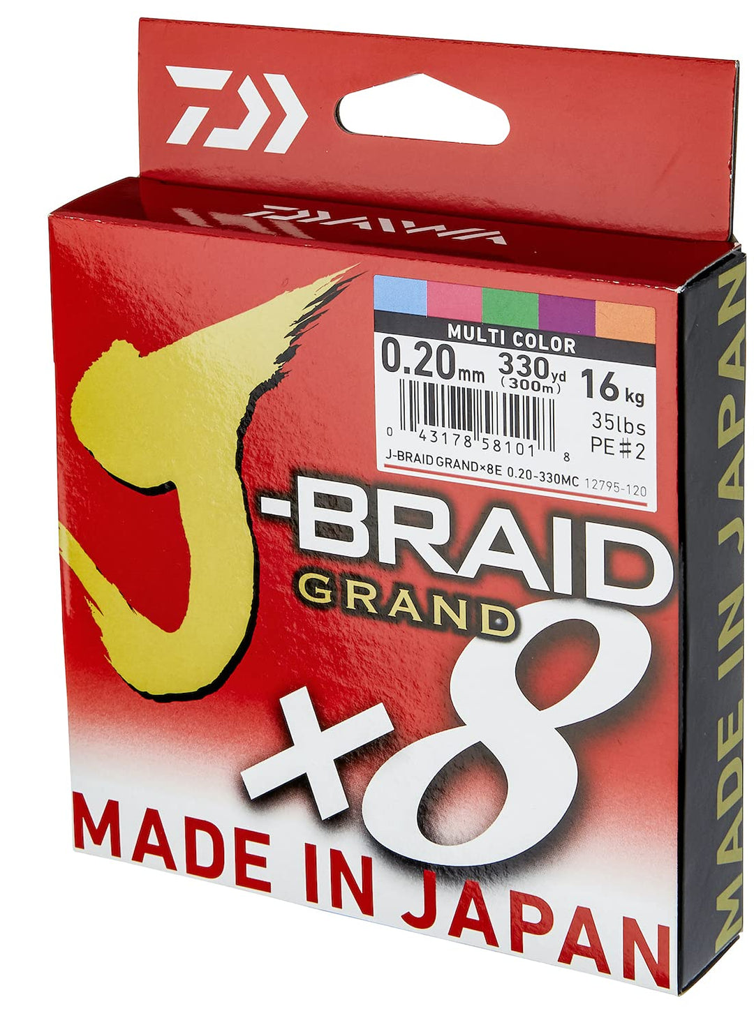 Daiwa J-Braid Grand x8E, 300m, Mehrfarbig, Geflochtene Angelschnur 300m/0.16mm, 300m/0.16mm