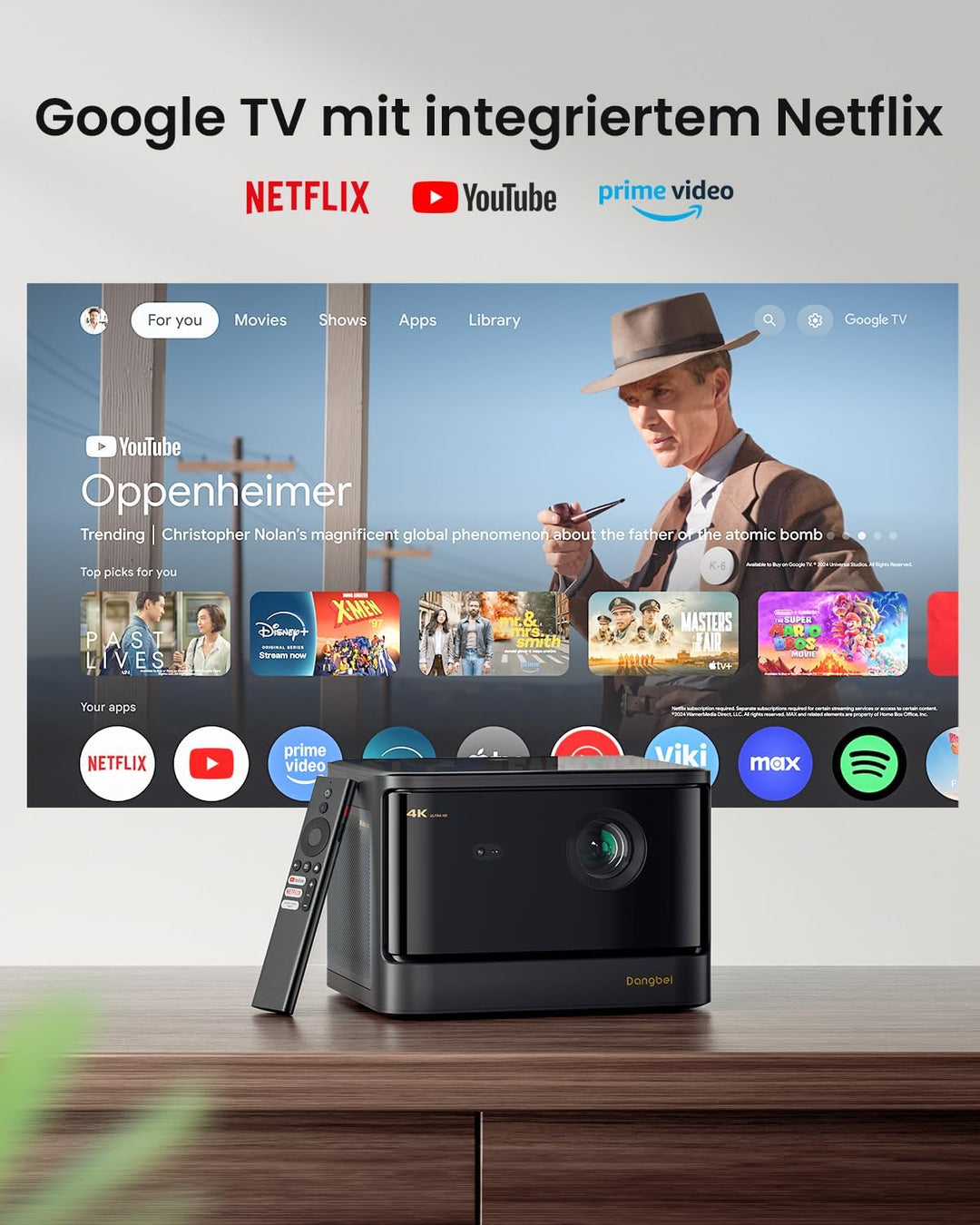 Dangbei DBOX02 4K Beamer, 2450 ISO Lumen, von Netflix offiziell lizenzierter Heimkino Beamer mit WLA