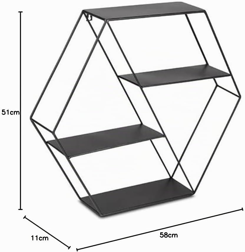 LIFA LIVING Hexagon Wandregal aus Metall mit 4 Böden, Schwarzes Schweberegal im Industrie Design, Se