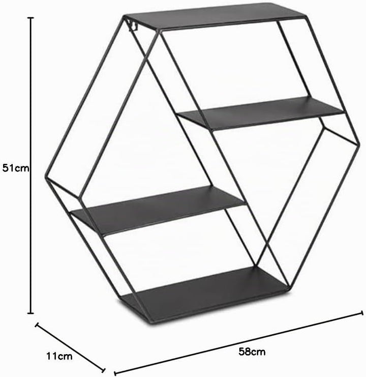 LIFA LIVING Hexagon Wandregal aus Metall mit 4 Böden, Schwarzes Schweberegal im Industrie Design, Se