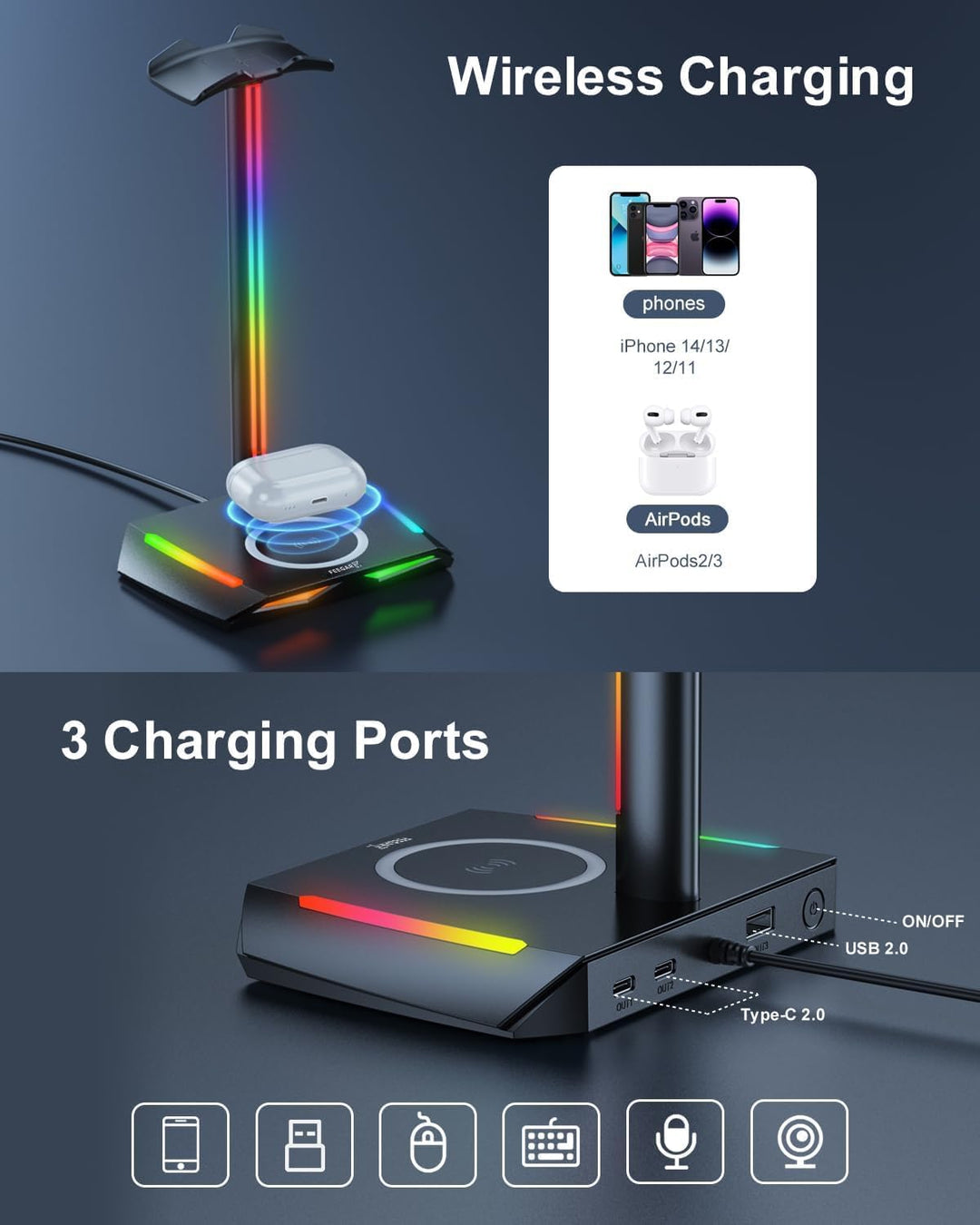Feegar Hold RGB Kopfhörer Ständer mit Wireless Ladegerät,Gaming-Headset-ständer Headset Halterung Wi