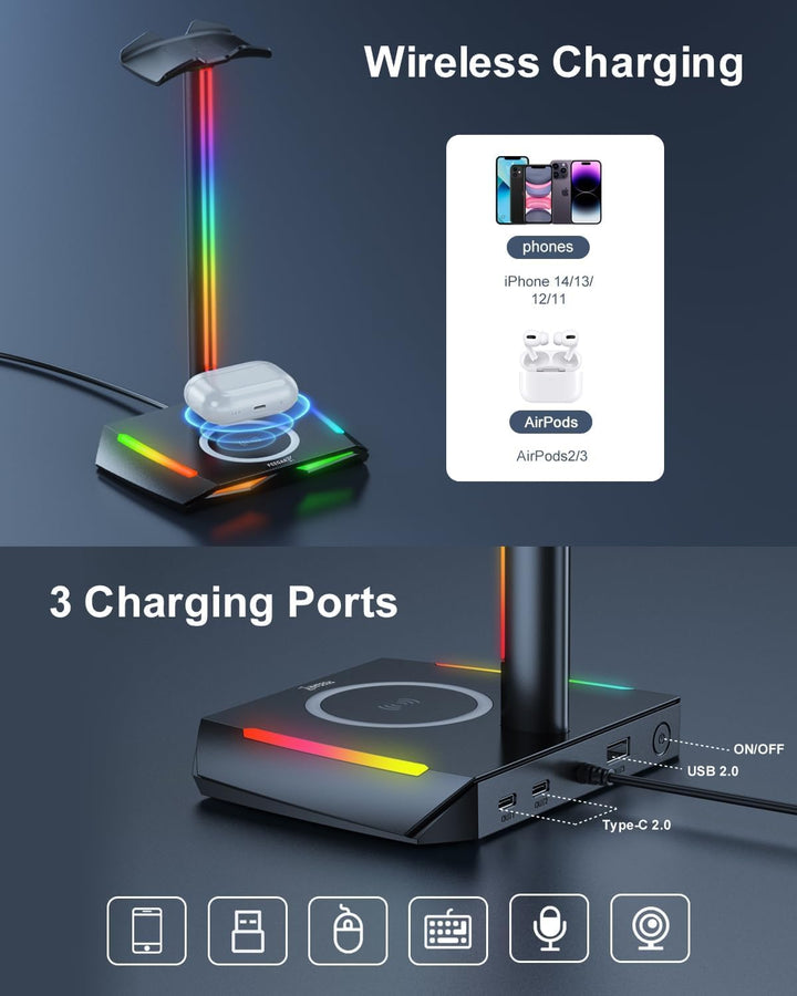 Feegar Hold RGB Kopfhörer Ständer mit Wireless Ladegerät,Gaming-Headset-ständer Headset Halterung Wi