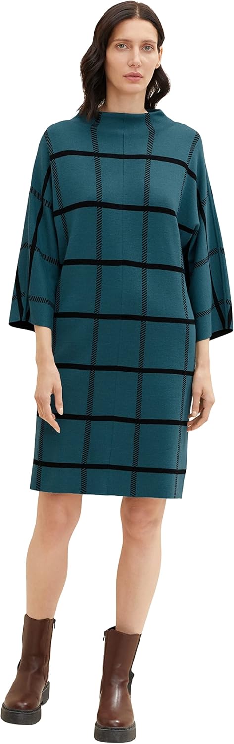 TOM TAILOR Damen Kleid mit Karomuster 42 30941 - Teal Blue Knit Check Design, 42 30941 - Teal Blue K