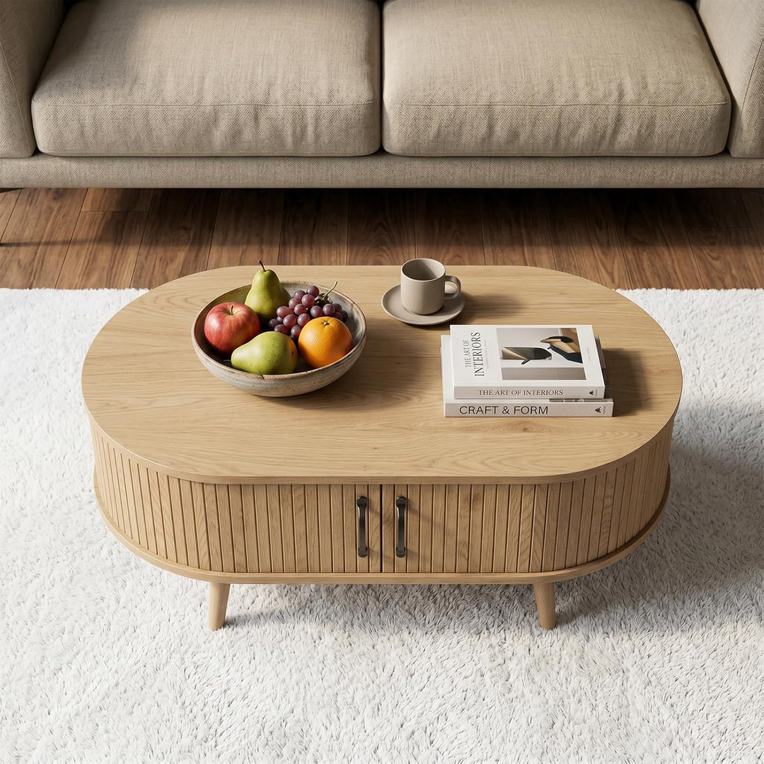 Ovaler Couchtisch Holz mit Stauraum, Moderner Wohnzimmertisch mit geriffelten Fronten, Skandinavisch