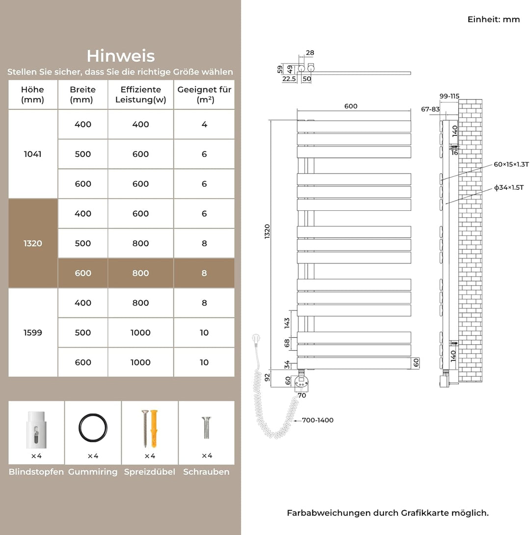 S'AFIELINA Badheizkörper Elektrisch 1320×600mm Weiss, 800W Handtuchheizkörper Elektrisch mit Thermos