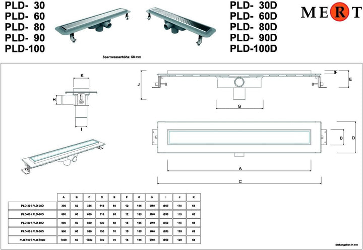 1000 mm Duschrinne Linear mit Edelstahlrost (304), gebürstet