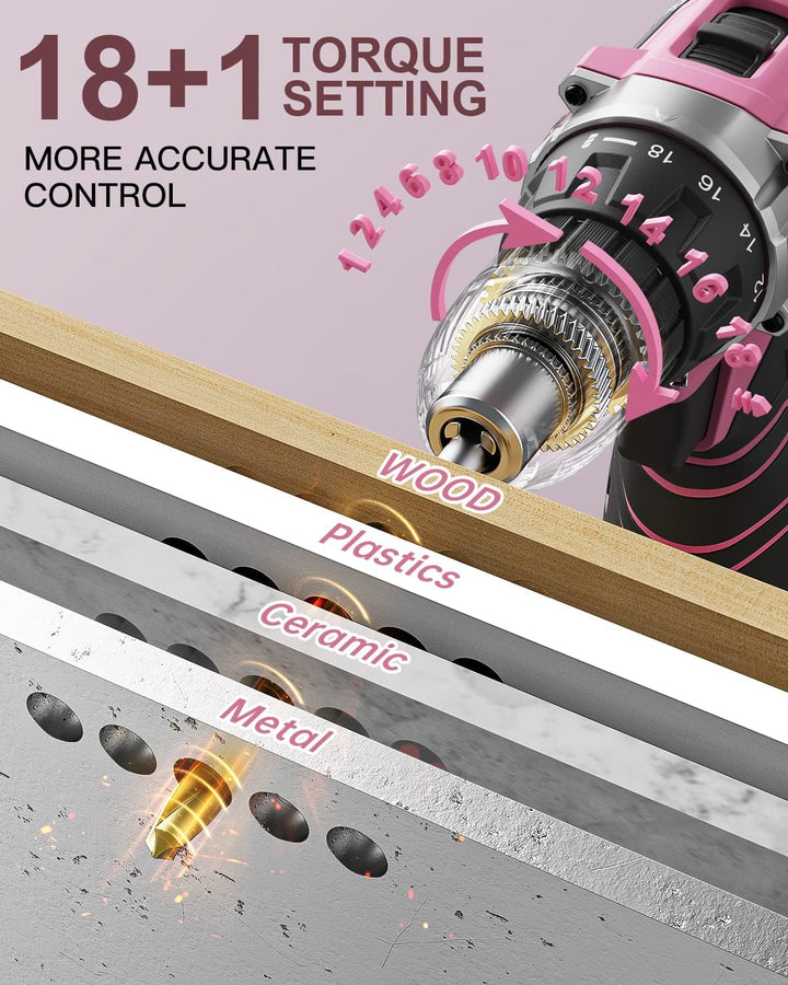 Akkuschrauber 12V Pink Rosa, Akkubohrer Klein, Akku Bohrschrauber Set mit 15 Zubehör und Tasche, 18+