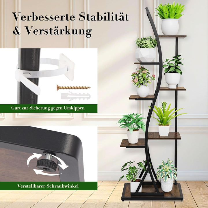 Ribelli 7-stufiger Metall-Pflanzenständer 160cm, Wellenförmiges Pflanzenregal mit Kippschutz, Hoch B
