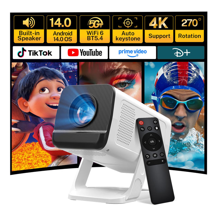 4K 1080P unterstützt Mini Beamer mit Android 11 OS Klein Projektor mit WiFi 6 Bluetooth 5.4, 270° Dr