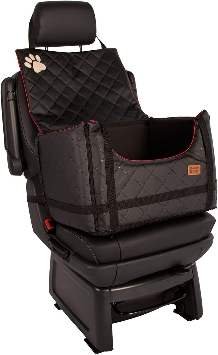 Golden Dog - Transportbox Hund mit Sicherheitsgurt S-45x35x33 cm - Leder Imitation Autositz Hund, Wa