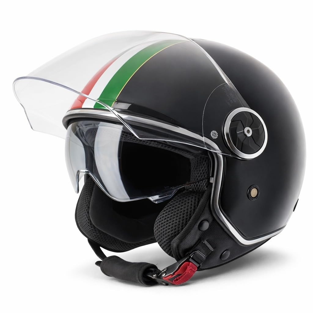 VINZ Neiva Jethelm mit Doppelvisier | Roller Helm mit Italienische Flagge & mit Sonnenblende | In Gr