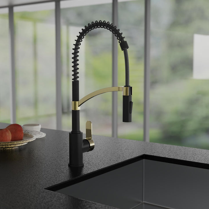 WK3 Küchenarmatur - Design-Wasserhahn Küche - Gold/Schwarz Matt - Herunterziehbare Brause - Armatur