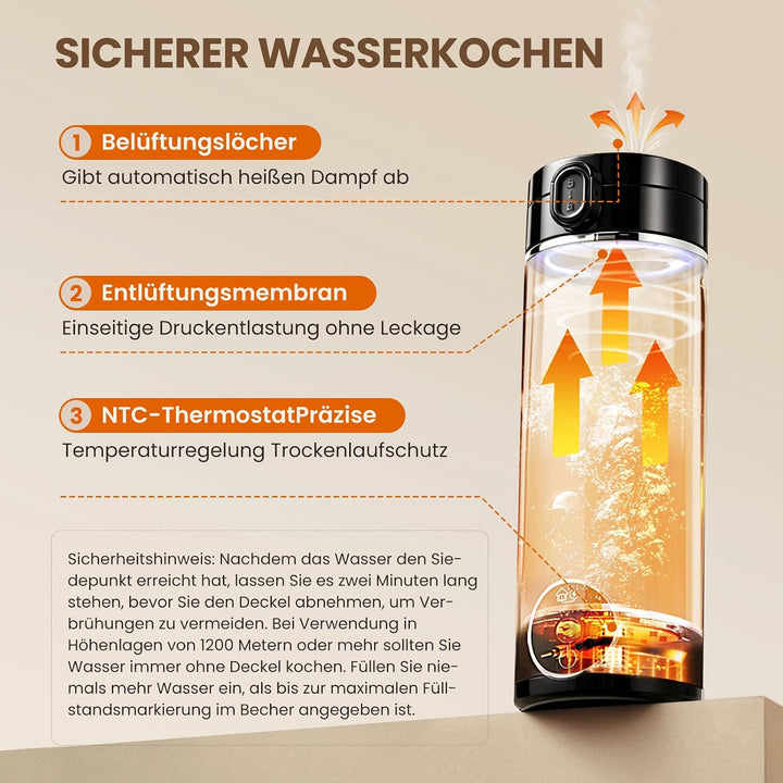 Elektrischer Reisewasserkocher Klein mit Doppelstromversorgung Schwarz, Schwarz