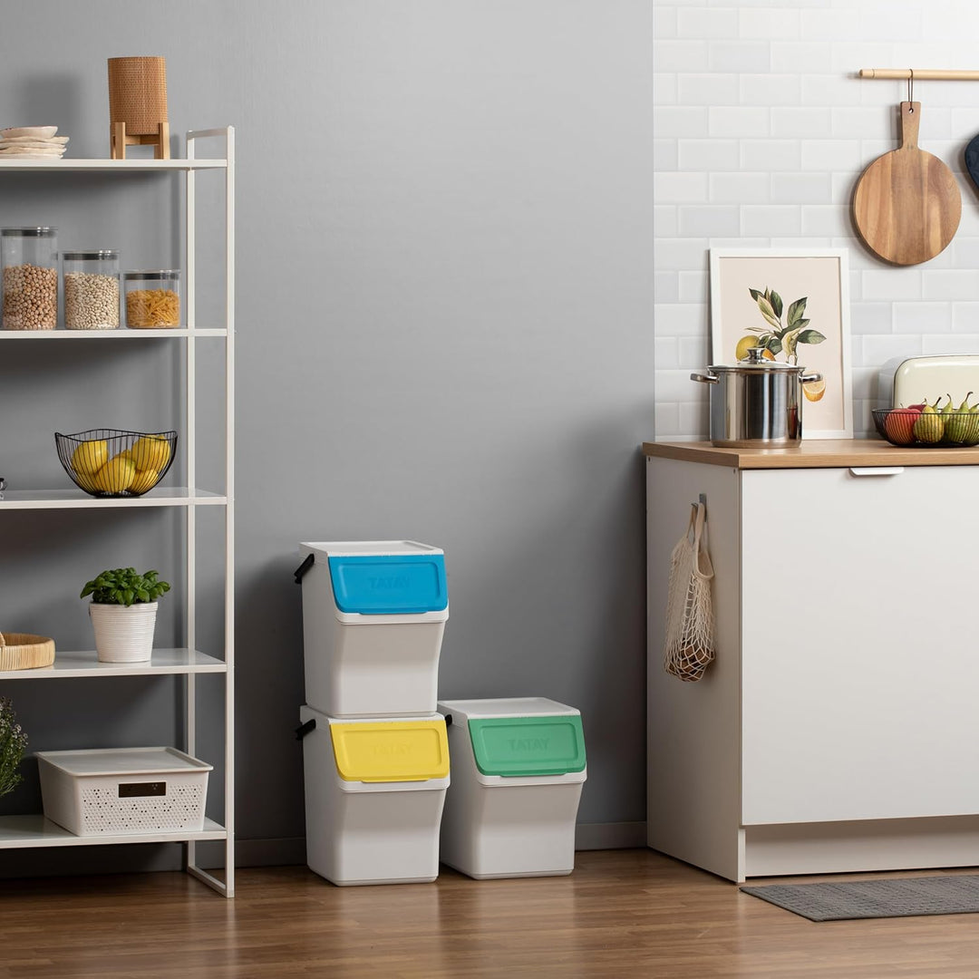 TATAY Mülltrennsystem Easy Waste 20L | 3er Set Recycling Behälter | Modular und Stapelbar | Deckel m