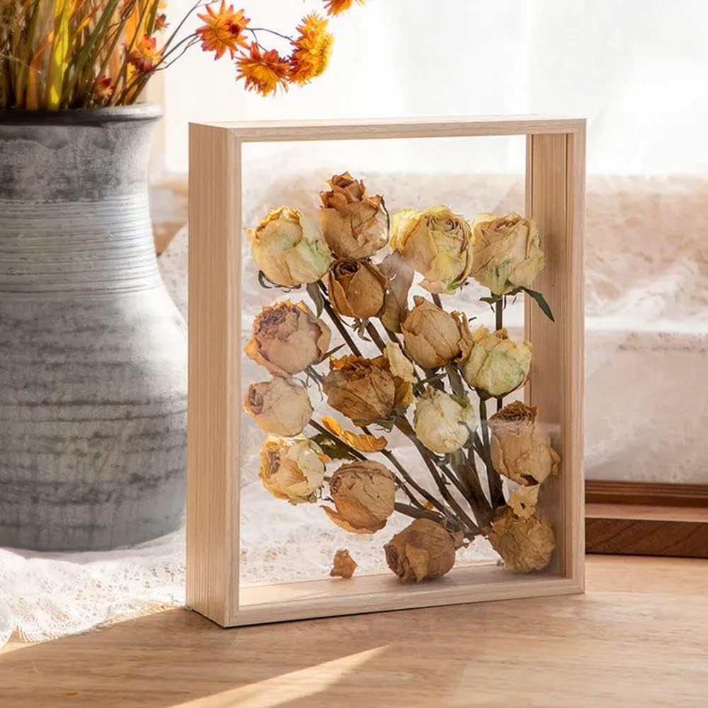 NatureMan Holzrahmen, getrocknete Blumen, dekorativer schwebender Bilderrahmen, doppelseitiges Glas,