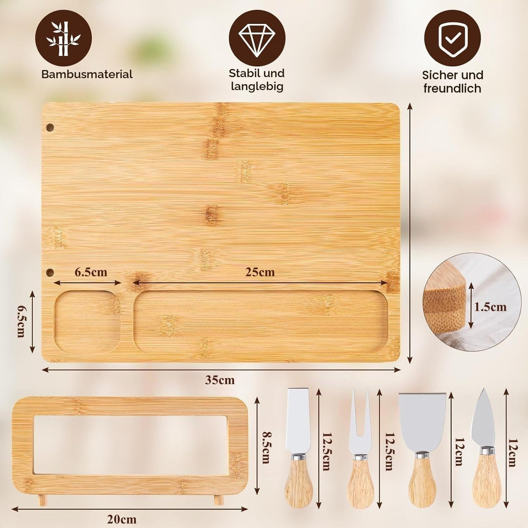 LATERN Bambus Käsebrett Set, 35CM x 27CM Holz Wurstplatte Käseplatte Cheese Charcuterie Board mit 4