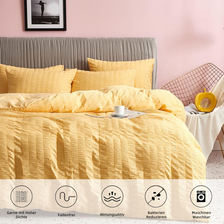 Freyamy Seersucker Bettwäsche 135x200cm 2teilig Gelb Geprägt Streifen Strukturiert Bettwaren-Sets Un