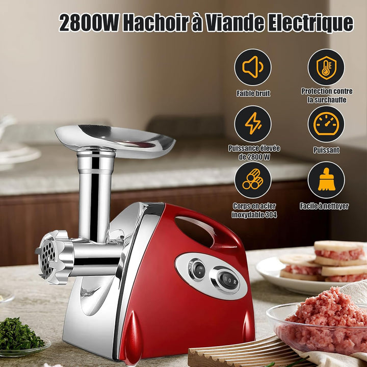 Elektrischer Fleischwolf, 2800W 3 in 1 Fleischwolf, mit 3 Platten aus Edelstahl für 3 mm, 5 mm und 7