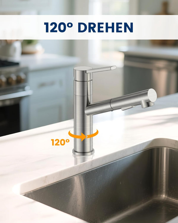 DAYONE Wasserhahn Küche, SUS304 Edelstahl Küchenarmatur Ausziehbar, Hochdruck Armatur Küche 120° Dre