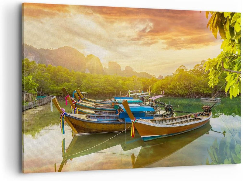 Bilder auf Leinwand 100x70cm Leinwandbild mit Rahmen Berge Boot Wasser Gross Wanddeko Bild Schlafzim