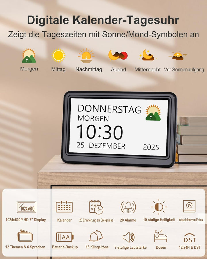 Roxicosly Digitaler Kalender, Elektronischer Tag Datum Wecker, Digital Uhr mit 20 Benutzerdefinierte