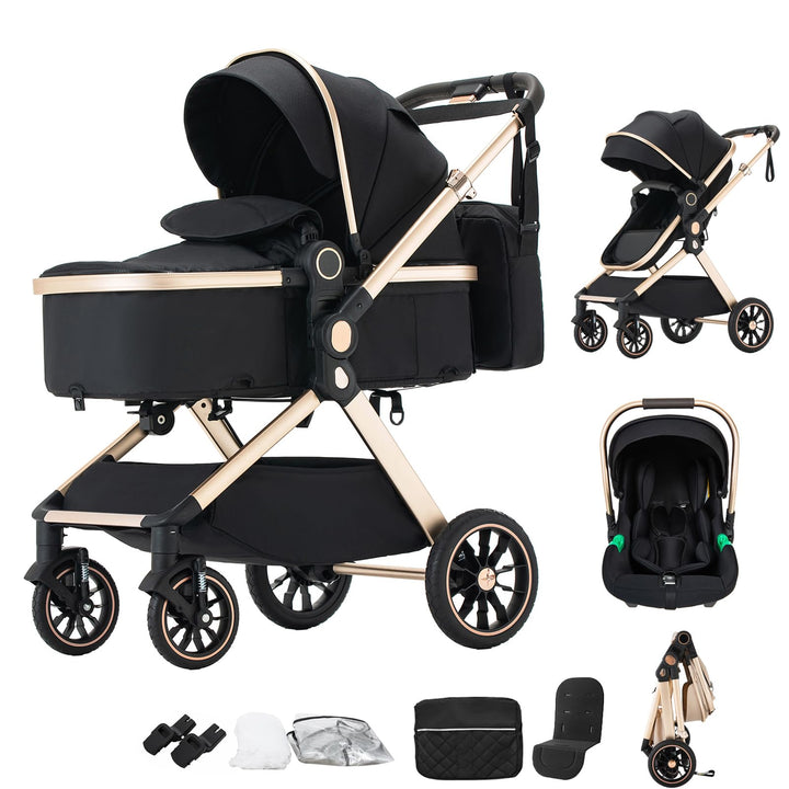 Kinderwagen 3 in 1 Komplettset Baby Kombikinderwagen bis 22kg, Zusammenklappbar, Grosse Gummireifen,