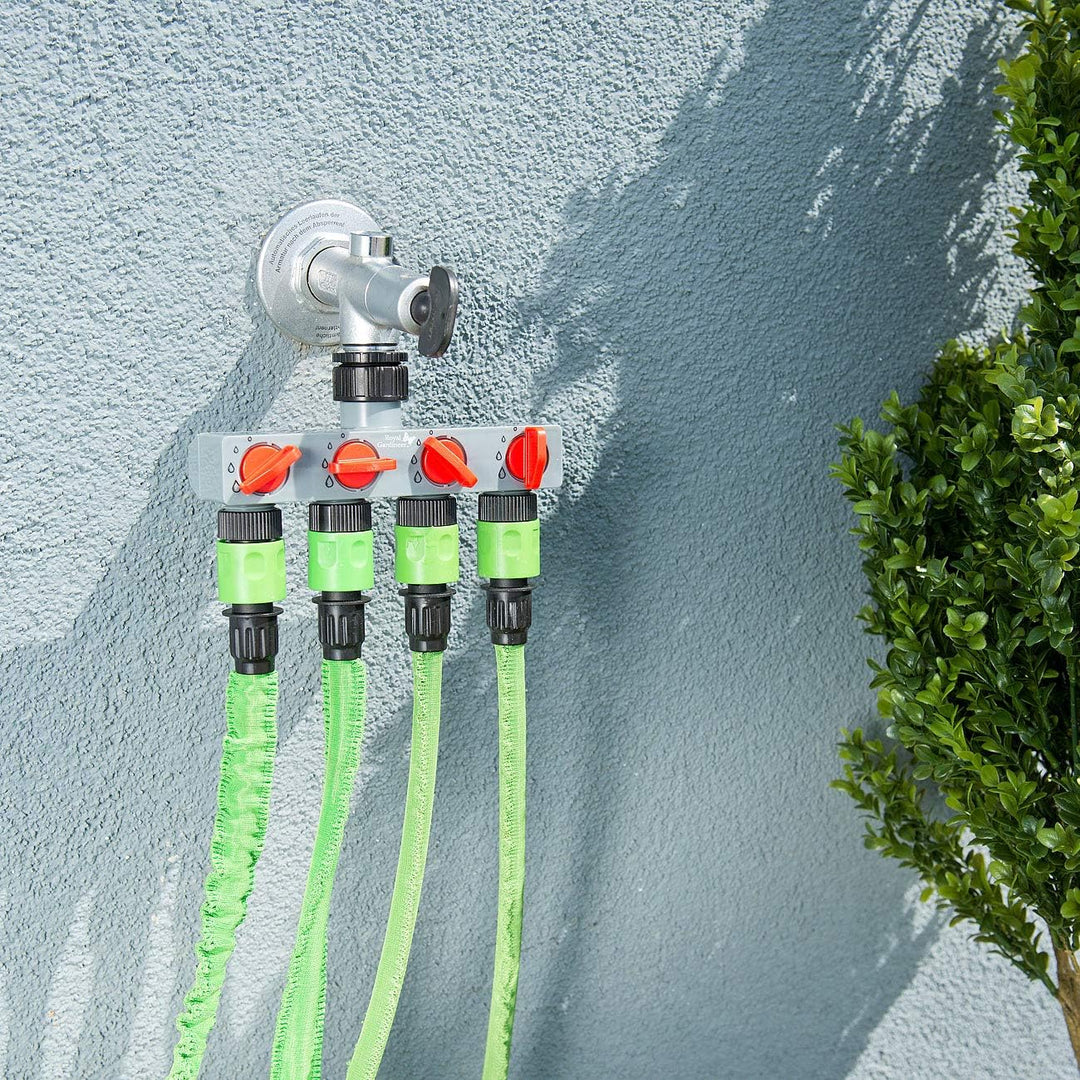 Royal Gardineer Magnetventil: Bewässerungscomputer mit 4-Wege-Verteiler, Regensensor & Magnet-Ventil