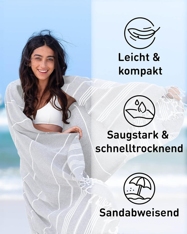 Fit-Flip Hamamtuch aus 100% Baumwolle saugfähig und schnelltrocknend | Light Grey, 100x200cm Sultan,