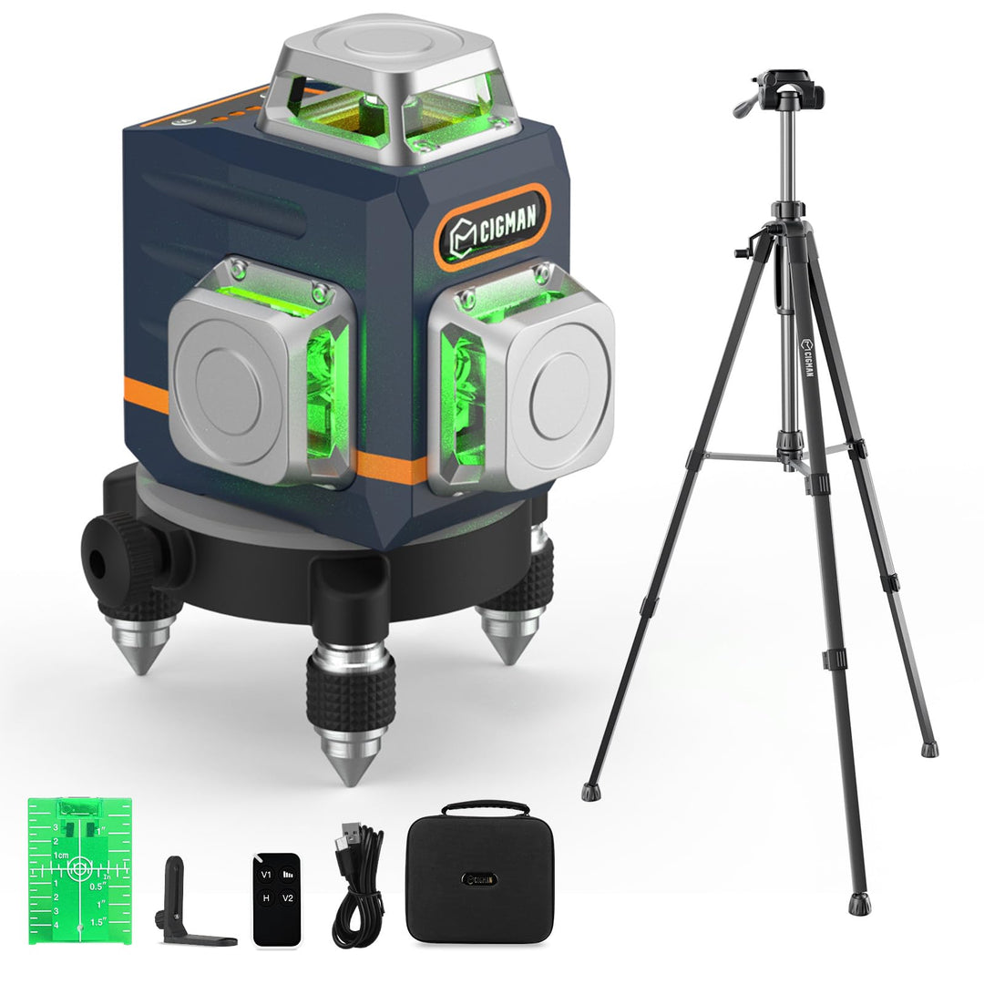 Kreuzlinienlaser mit Stativ, CIGMAN 3x360 Grad Grün Selbstnivellierend Laser Wasserwaage mit 1,5m -A