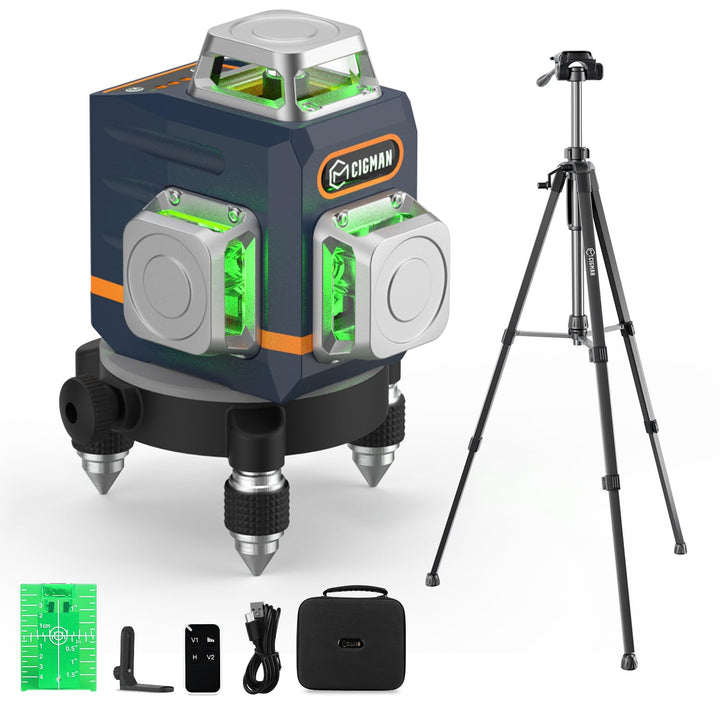 Kreuzlinienlaser mit Stativ, CIGMAN 3x360 Grad Grün Selbstnivellierend Laser Wasserwaage mit 1,5m -A