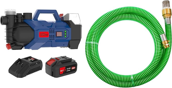 Güde GP 18-401-30 Akku Gartenpumpe, 72 W, 18 V, Blau & 94440 Sauggarnitur KA 4P (Spiral-Ansaugschlau