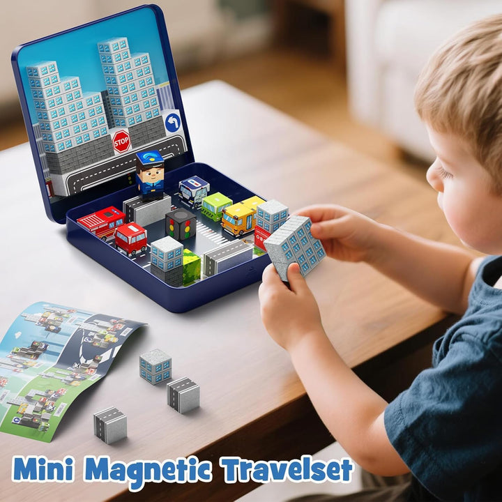 Magnetische Bausteine Stadtverkehr Set, Reisespielzeug für Kinder STEM Spielzeuge Reise Lerngeschenk