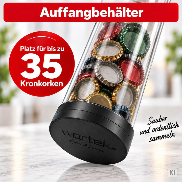 wortek Flaschenöffner mit Auffangbehälter - Getränkeöffner Bieröffner Bierflaschenöffner Kronkorken