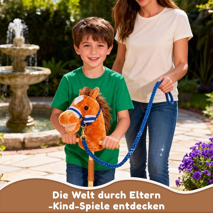 IEEILULU Hobby Horse, Steckenpferd Kinder Rosa, Holzpferd für Draussen mit Hobby Horse Trense, Räder