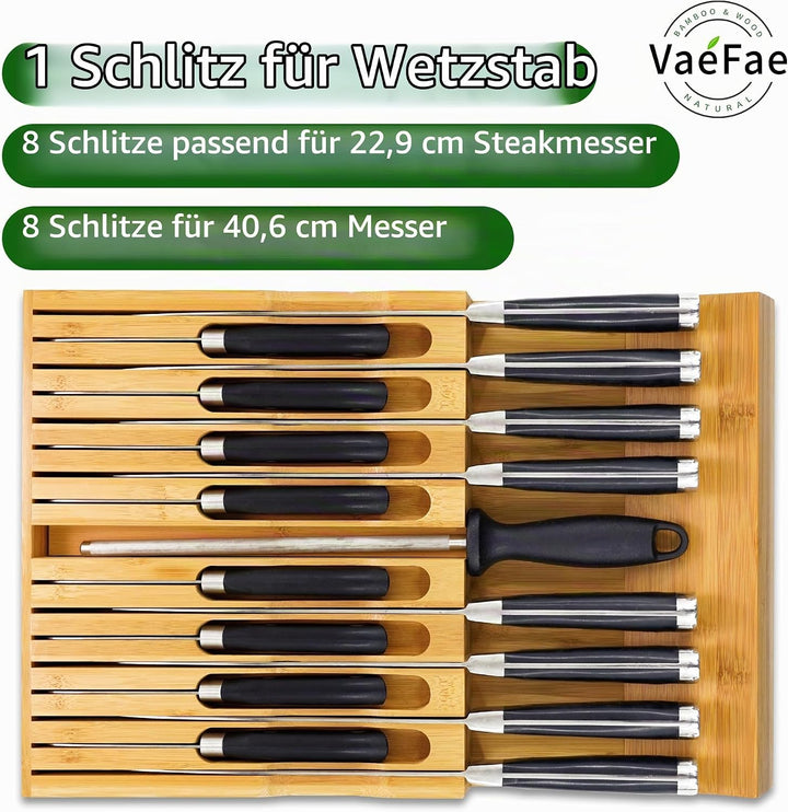 VaeFae In-Drawer Knife Block,Bambus Messer Schublade Organizer Insert, Küchenmesser-Schublade zur Au