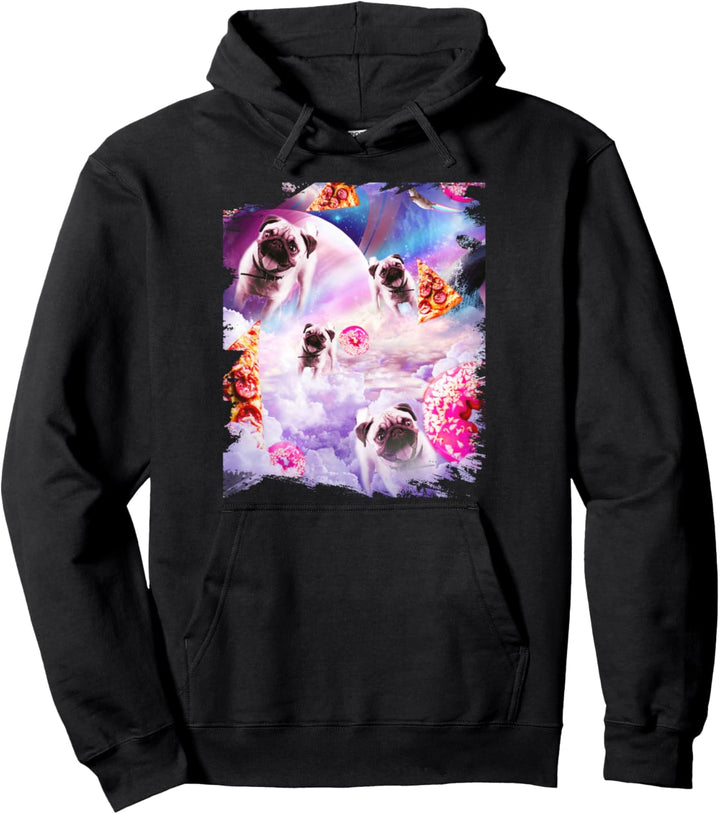 Mops Hunde in Wolken, Mops Hund mit Pizza-Donut Pullover Hoodie