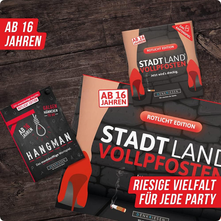 DENKRIESEN - Trio Rotlicht Edition - Stadt Land VOLLPFOSTEN® - Spielblock + Kartenspiel + Hangman Ga