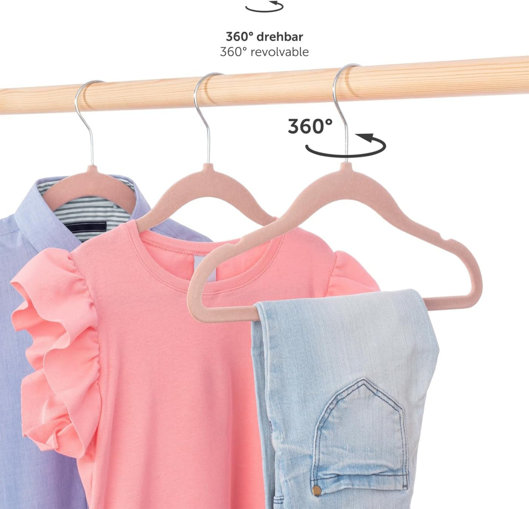 Blumtal Kinderkleiderbügel 50 Stück mit Samtbezug - 360° drehbare Kinder Kleiderbügel - platzsparend