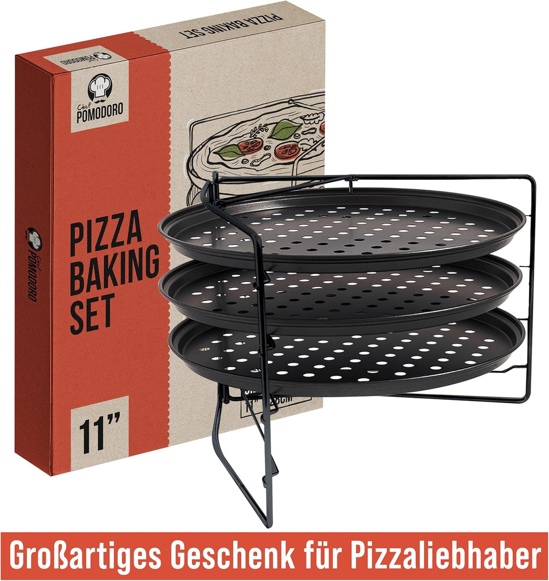 Chef Pomodoro Pizzablech – Pizzablech Rund – Pizza Blech – 3er Set - antihaft gelochte Pizzapfanne a