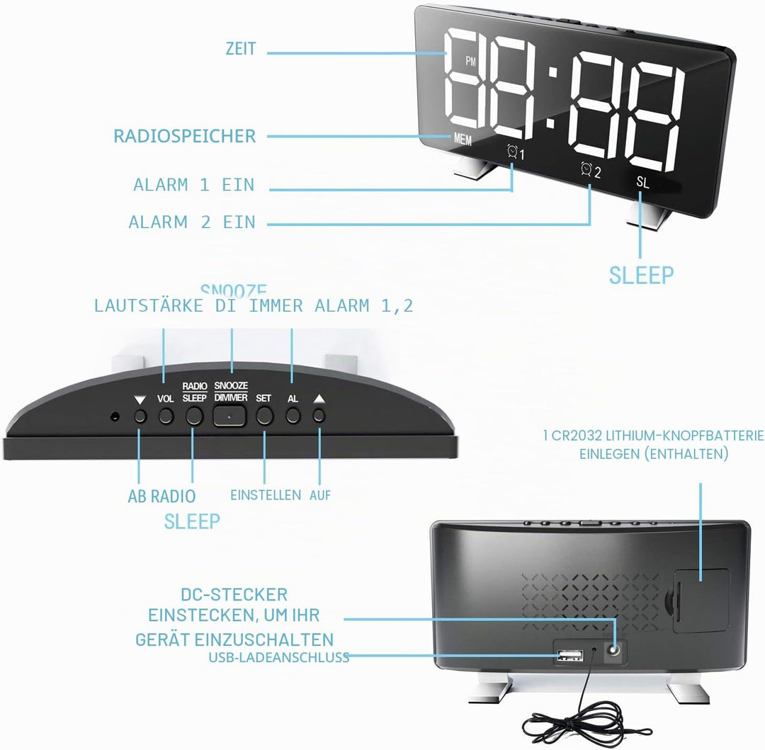 ThreeH Radiowecker für Schlafzimmer mit Zwei USB-Ladeanschlüssen 4 Dimmmodus 7,3'' LED-Bildschirm 12